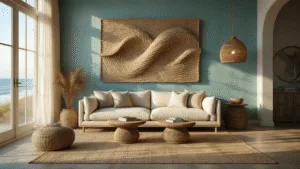 Elevate Your Space: Unique Coastal Wall Decor That Tells a Story Cinematic wide-angle shot of a sophisticated coastal living room featuring a large recycled lobster rope wave sculpture, with natural sunlight illuminating a cream linen sofa, rattan pendant light, and layered textures of grasscloth wallpaper and jute rug.