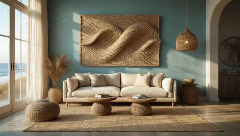 Elevate Your Space: Unique Coastal Wall Decor That Tells a Story Cinematic wide-angle shot of a sophisticated coastal living room featuring a large recycled lobster rope wave sculpture, with natural sunlight illuminating a cream linen sofa, rattan pendant light, and layered textures of grasscloth wallpaper and jute rug.