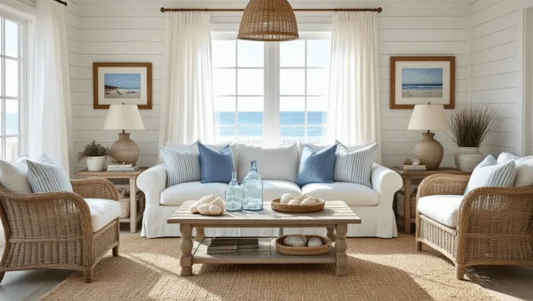 Coastal Home Decor: Transform Your Space into a Seaside Sanctuary Cinematic wide-angle shot of a sunlit coastal living room with vaulted white-beam ceilings, featuring a plush white L-shaped sofa, layered pillows, natural jute and vintage blue rugs, and a driftwood coffee table. Bright rattan armchair and sheer linen curtains accent large windows; weathered gray shiplap wall showcases a rope-framed mirror and glass pendant lights, all set in soft depth of field.