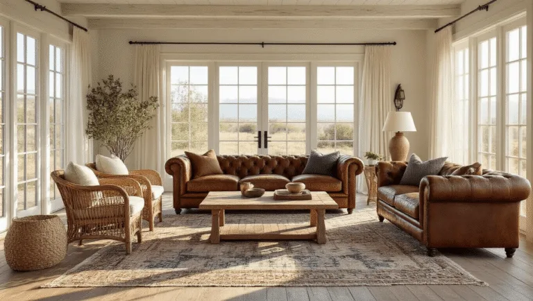 Coastal Cowgirl Decor: Your Ultimate Guide to Sun-Soaked Western Chic Photorealistic sun-drenched living room featuring a distressed cognac leather Chesterfield sofa, weathered rattan armchairs, and a bleached oak coffee table, accented by vintage rugs, a macramé wall hanging, and decorative pillows, embodying a coastal-western design aesthetic.