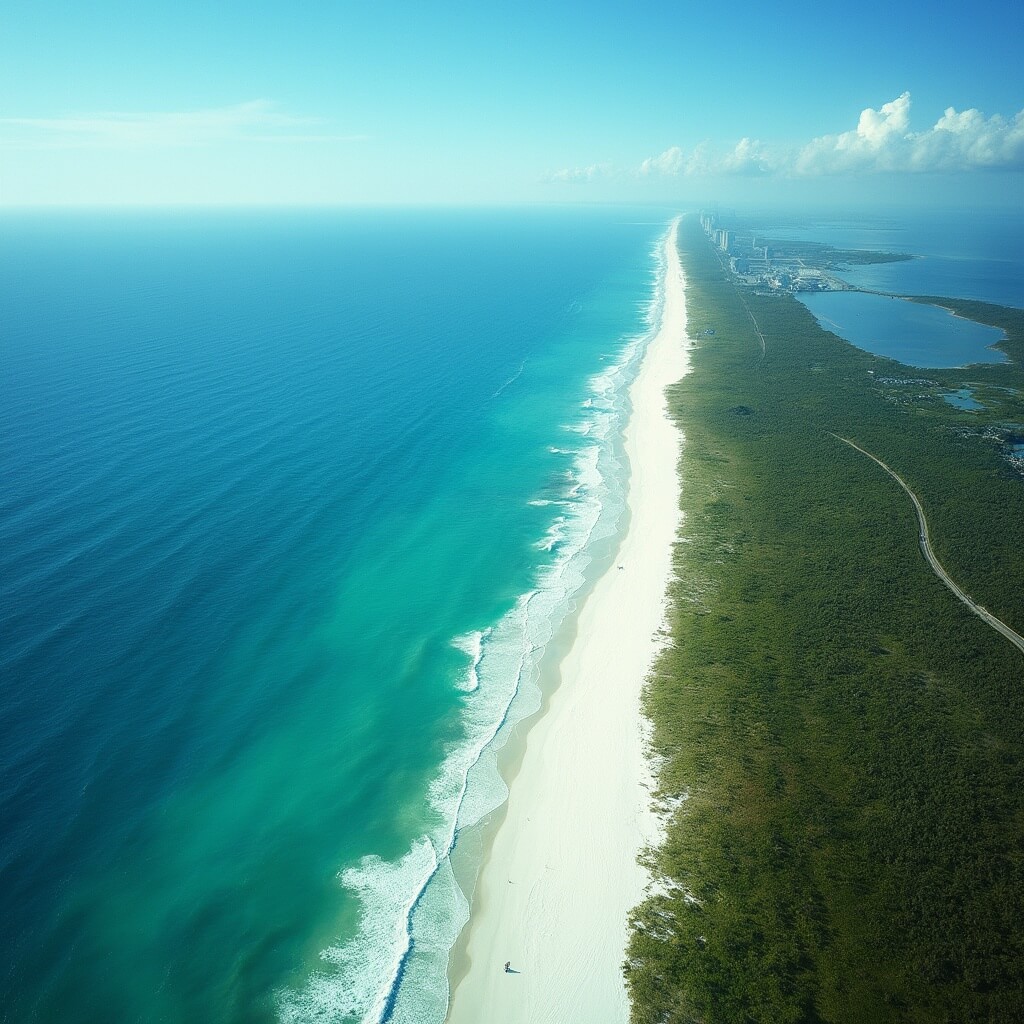 Why Cocoa Beach in June Will Blow Your Mind: The Ultimate Sun-Soaked Adventure Guide Aerial drone view of Cocoa Beach, Florida showing blue ocean, sandy shoreline, green vegetation, Kennedy Space Center launch pads, and bright summer sunlight