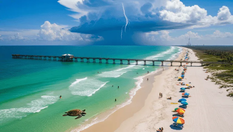 Why Cocoa Beach in June Will Blow Your Mind: The Ultimate Sun-Soaked Adventure Guide "Aerial view of Cocoa Beach on a sunny day, featuring turquoise waters, golden sand with colorful beach umbrellas, sea turtle nesting, surfers in the distance, Cocoa Beach Pier, approaching storm cloud, rocket launch from Kennedy Space Center"