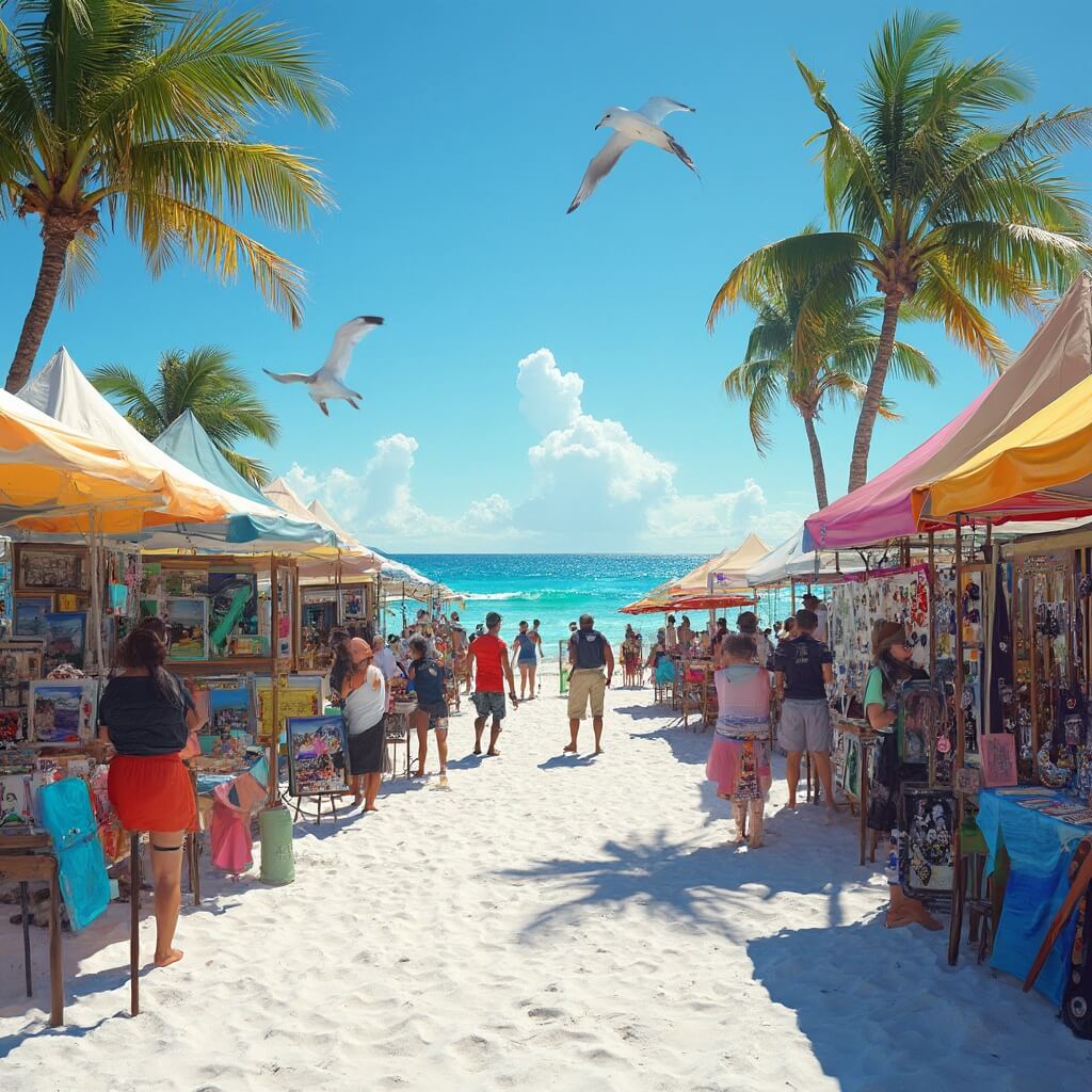 Cocoa Beach in March: Your Ultimate Guide to Florida's Spring Break Paradise Local artists exhibiting handmade jewelry and paintings at a colorful beachfront art festival in Cocoa Beach, Florida, with beachgoers, palm trees, and seagulls in the backdrop.