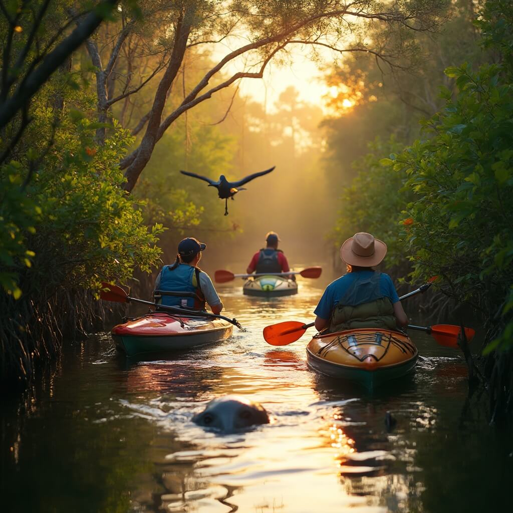 Cocoa Beach in March: Your Ultimate Guide to Florida's Spring Break Paradise Small group of eco-friendly kayakers paddling through a serene mangrove forest near Cocoa Beach with a manatee surfacing and great blue heron perched overhead during sunset.