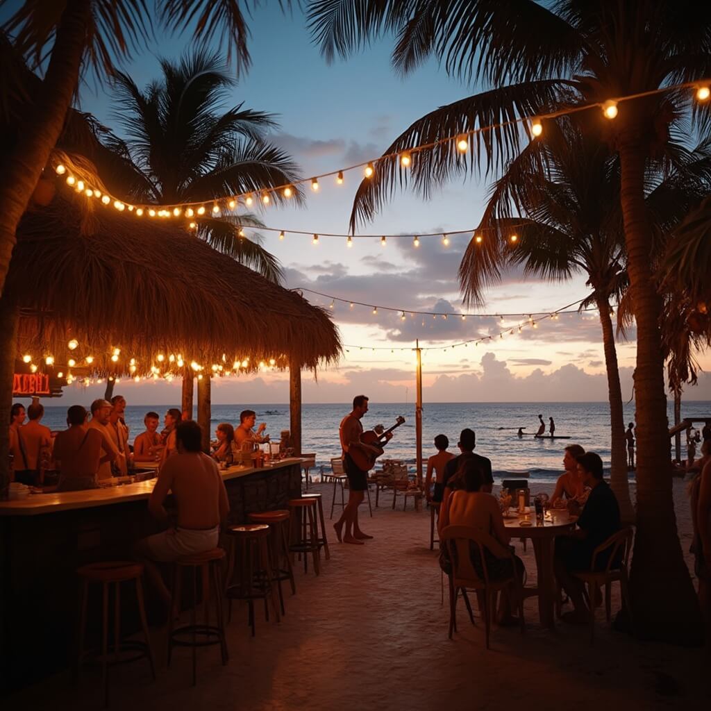 Cocoa Beach in March: Your Ultimate Guide to Florida's Spring Break Paradise Evening view of a bustling beachfront bar in Cocoa Beach with live music, spring breakers, locals, paddle boarders on the ocean, and palm trees lit by golden string lights and sunset.