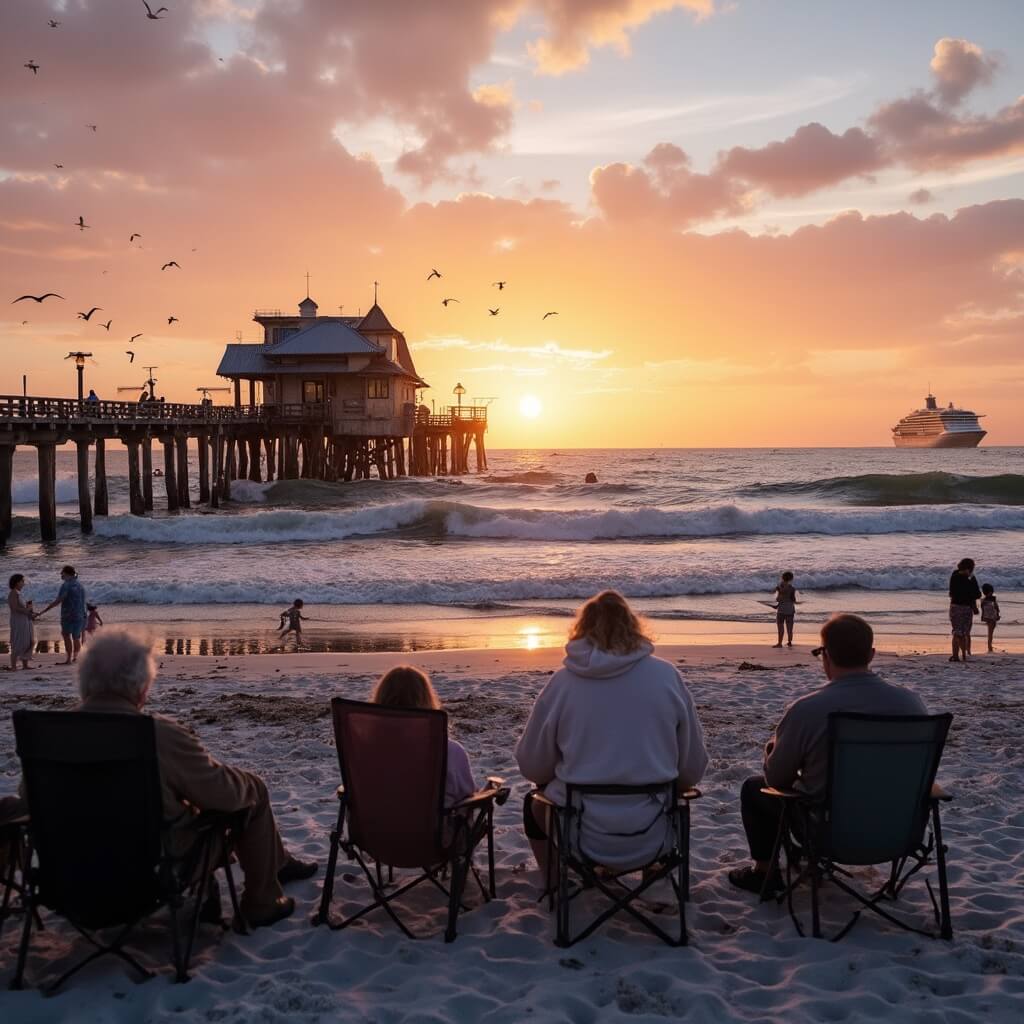 Why Cocoa Beach in January is Your Secret Winter Paradise Surfers catching waves at Cocoa Beach Pier during a January sunset, with beachgoers relaxing in foreground and a cruise ship silhouette in the distance.