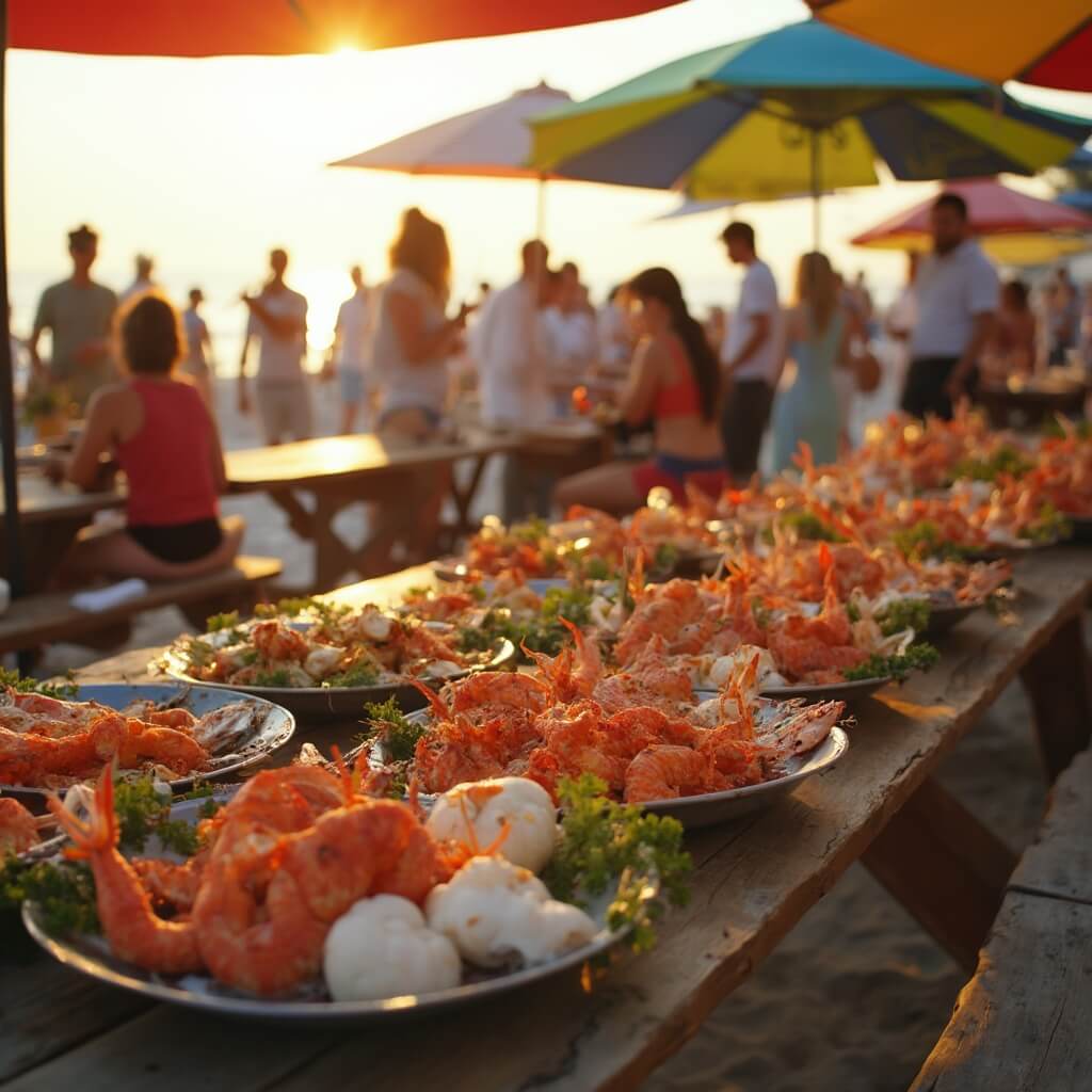 Cocoa Beach in September: Your Ultimate Guide to Florida's Space Coast Paradise Local seafood festival at Cocoa Beach with filled wooden picnic tables, musicians, colorful umbrellas, and crowd of diverse locals and tourists, with softly focused sand and ocean background