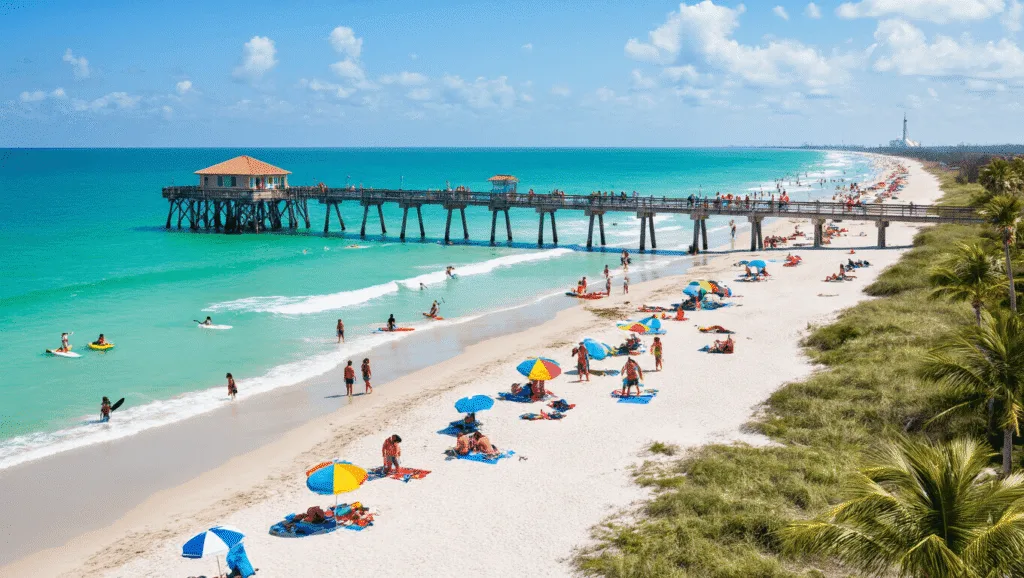 Cocoa Beach in March: Your Ultimate Guide to Florida's Spring Break Paradise "Aerial view of vibrant Cocoa Beach during March, filled with colorful beach umbrellas, surfers, families enjoying beach activities, and kayakers with Kennedy Space Center in the distance under a brilliant blue sky."