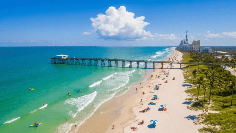 Cocoa Beach in April: Your Ultimate Guide to Florida's Hidden Spring Paradise "Aerial view of Cocoa Beach in April featuring surfers, kayakers, beachgoers, palm trees, beach umbrellas, and a distant rocket launch from Kennedy Space Center"