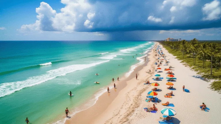 Cocoa Beach in August: Your Ultimate Sizzling Summer Survival Guide "Aerial view of a vibrant summer scene at Cocoa Beach with turquoise ocean waves meeting golden sandy shores, colorful beach umbrellas, towels, and palm trees, beachgoers enjoying water activities and beach volleyball, storm clouds building in the distance, Cocoa Beach Pier in frame, and heat waves rising from sand."