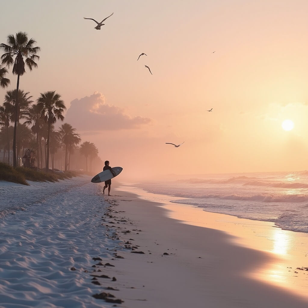 Why Cocoa Beach in January is Your Secret Winter Paradise Lone surfer heading towards the water at sunrise on a serene, uncrowded Cocoa Beach in January, with palm trees, flying seabirds, and golden sandy shore in the background.