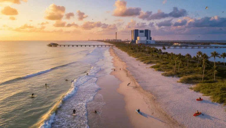Cocoa Beach in November: Your Ultimate Escape from Cold and Crowds "Aerial view of Cocoa Beach at sunset with surfers, dolphins, the Kennedy Space Center, palm trees, Cocoa Beach Pier, kayakers, and birds, with a beachside temperature board displaying 76°F."