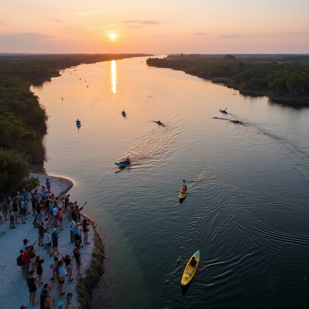 Cocoa Beach in April: Your Ultimate Guide to Florida's Hidden Spring Paradise Aerial sunset view of Banana River in Cocoa Beach with kayakers, stand-up paddleboarders, mangrove islands, and dolphins, and a group of people on a nature walk on the shoreline