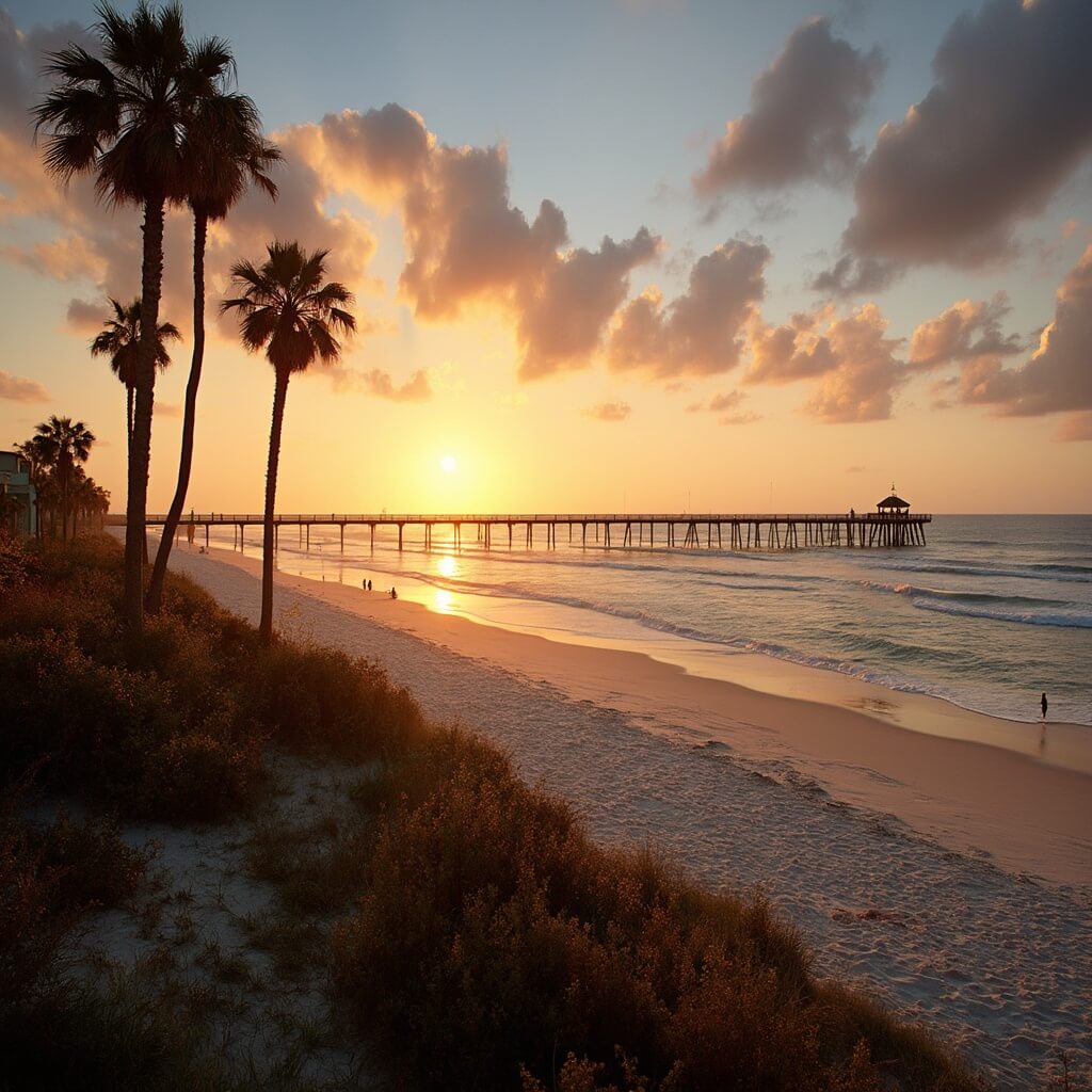 Panoramic sunset view of Cocoa Beach in October with a few distant surfers, swaying palm trees, and the silhouette of Cocoa Beach Pier against a warm sky