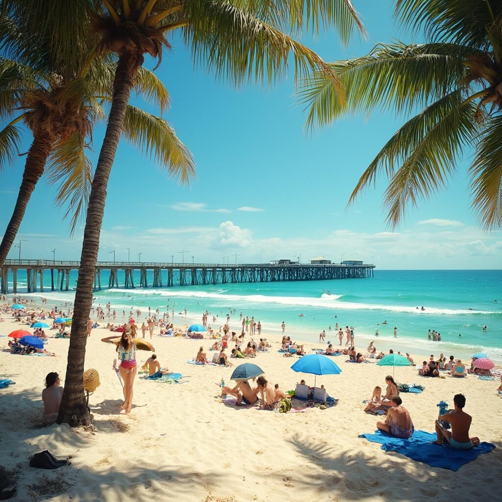 Sun-drenched Cocoa Beach with golden sand, turquoise waters, surfers, beachgoers, palm trees, and Cocoa Beach Pier extending into the ocean