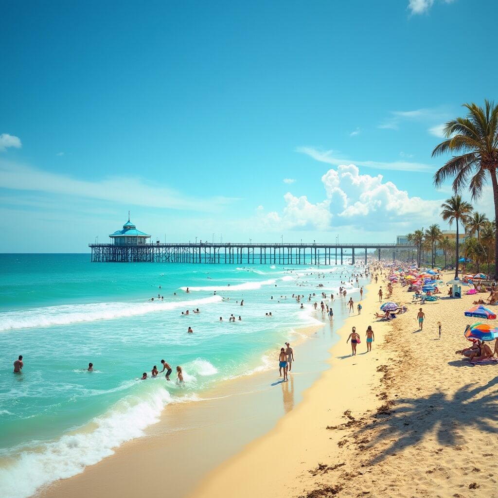 Surfers riding waves near Cocoa Beach Pier on a sunny April day with beachgoers, colorful umbrellas, and palm trees in view.