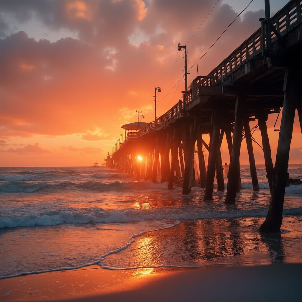 Cocoa Beach in November: Your Ultimate Escape from Cold and Crowds Silhouetted surfers at Cocoa Beach Pier during golden hour sunset with long shadows on sandy beach and vibrant sky