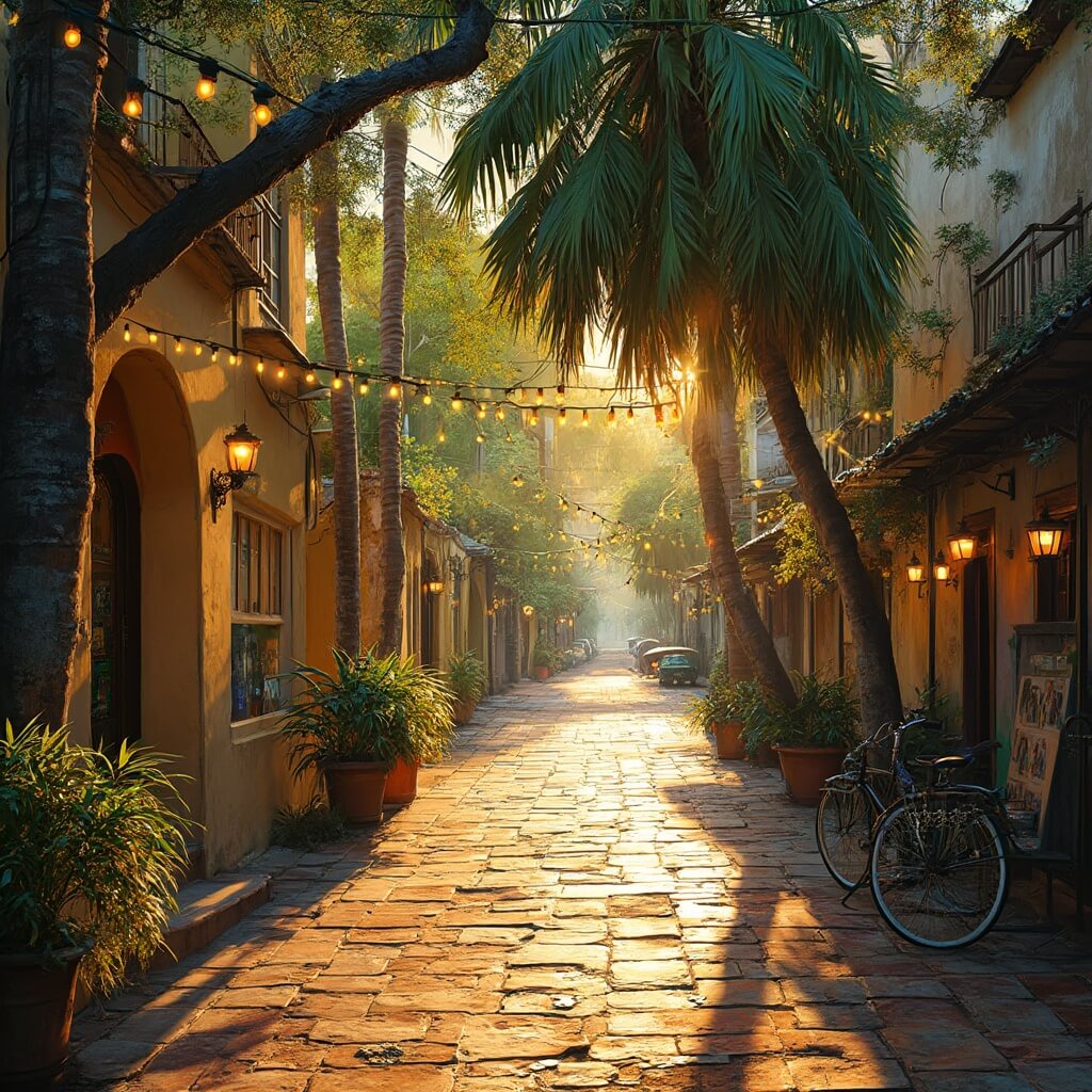 Why Miami in December Will Blow Your Frozen Northern Mind 🌴☀️ Golden hour in Coconut Grove, showcasing Mediterranean Revival architecture, banyan trees, brick pathways, local artists' work under string lights, vintage bicycles by sidewalk cafes, and palm tree shadows.