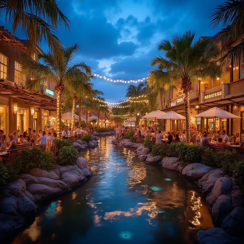 Why Orlando in January Will Blow Your Mind: The Ultimate Winter Escape Guide Disney Springs night landscape with illuminated water features, people dining outdoors, string lights overhead, and upscale restaurants and boutiques during blue hour