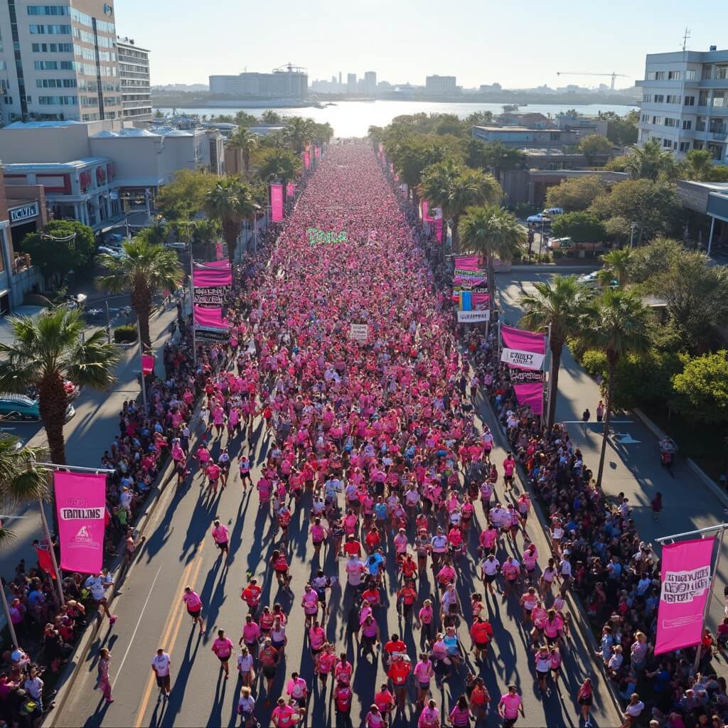 Escape the Cold: Why Jacksonville in February is Your Secret Winter Paradise Aerial view of the DONNA Marathon in Jacksonville with runners in colorful athletic wear, city streets adorned with pink ribbons and banners, cheering spectators, and the sparkling St. Johns River in the background.
