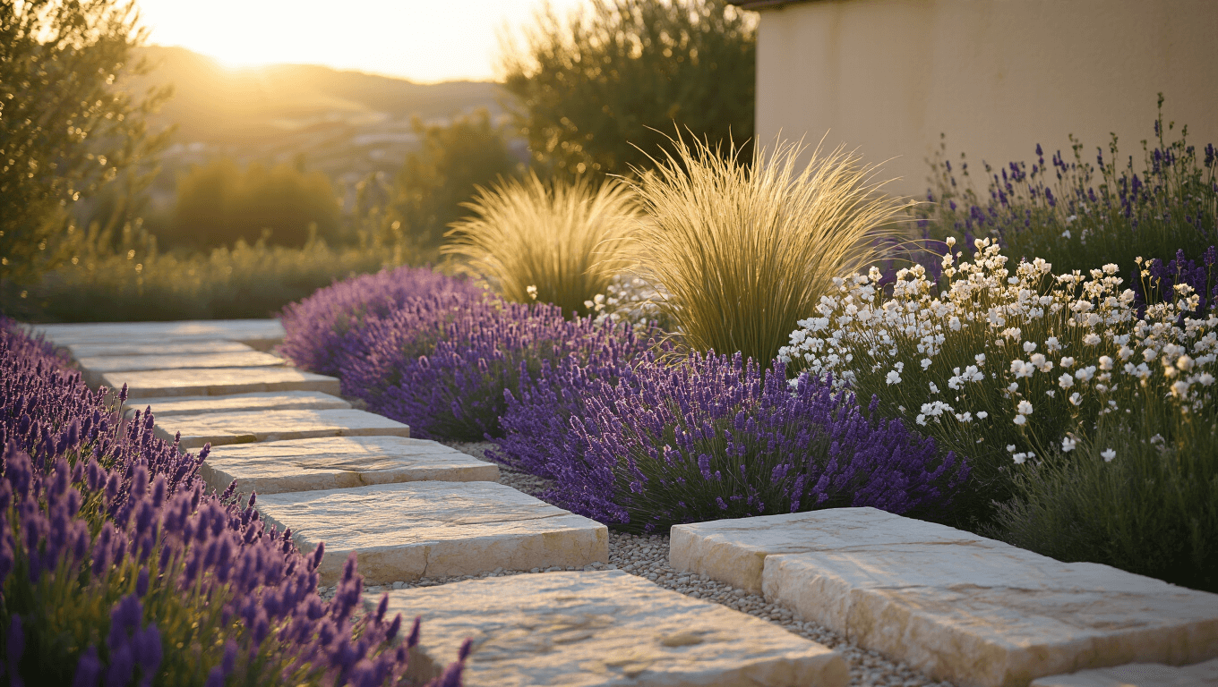 Hyperrealistic photograph of a luxurious stone garden at sunset, showcasing weathered limestone blocks, cascading lavender, white alpine flowers, and tall grasses, with dramatic lighting and soft bokeh against a Mediterranean backdrop.