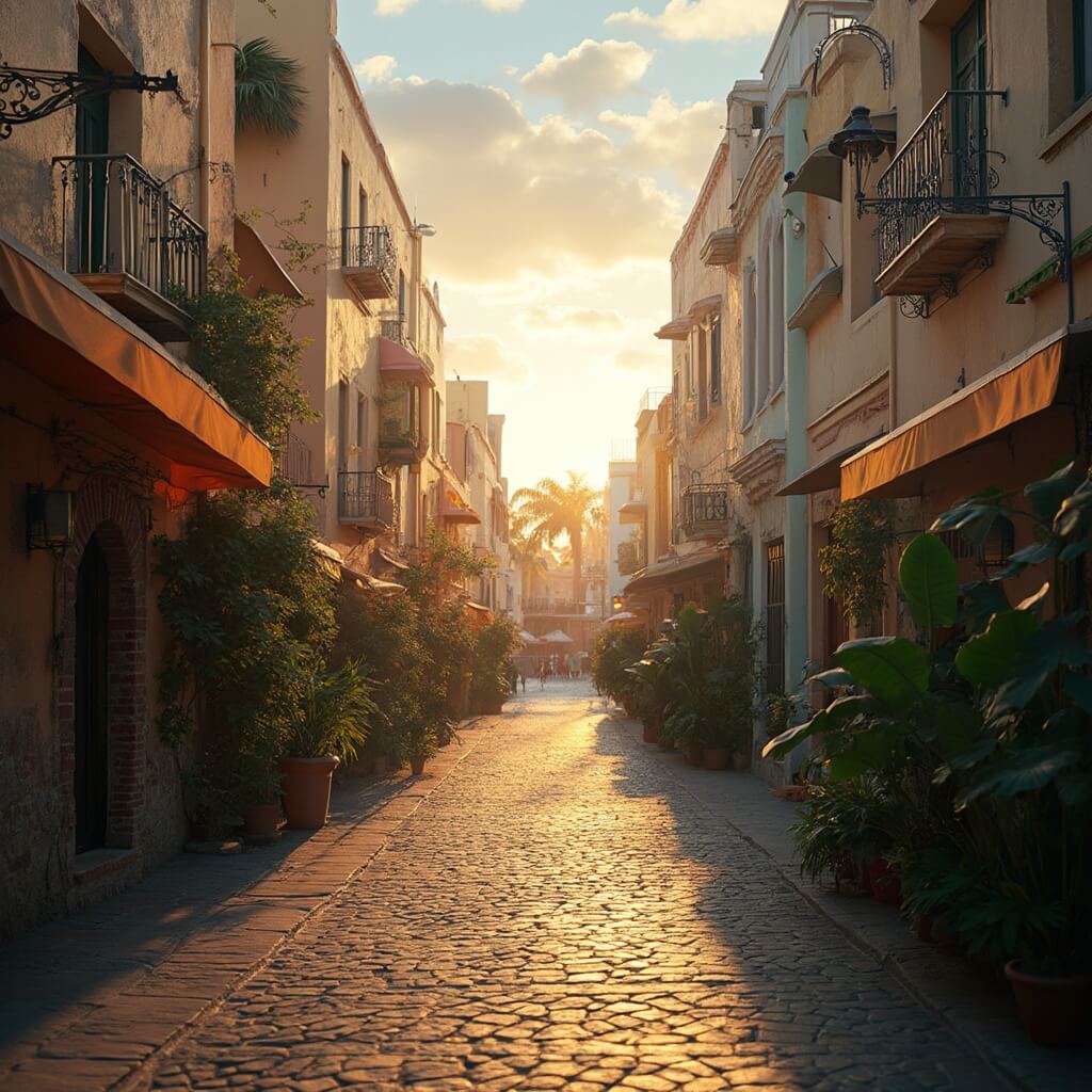 Why South Beach in August is Your Secret Summer Paradise (Even When It's Blazing Hot) Panoramic view of Espanola Way during golden hour, highlighting cobblestone streets, pastel Art Deco buildings and tropical plants, with soft shadows creating intricate patterns