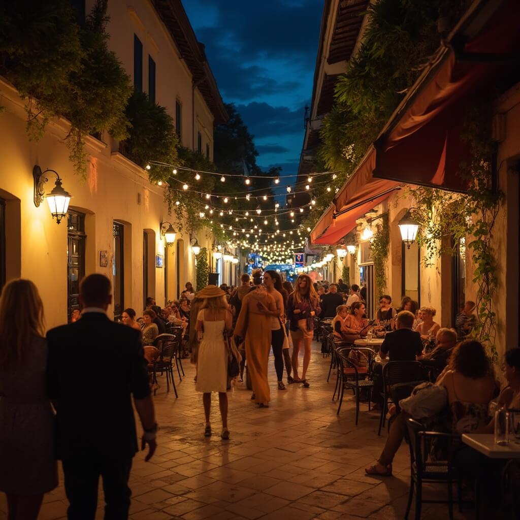 š“ Insider's Miami Beach: Your Ultimate Adventure Guide Lively night scene on EspaƱola Way in Miami Beach with warm lighting, outdoor dining, Mediterranean-style architecture, hanging plants, string lights, and people enjoying live music performances.