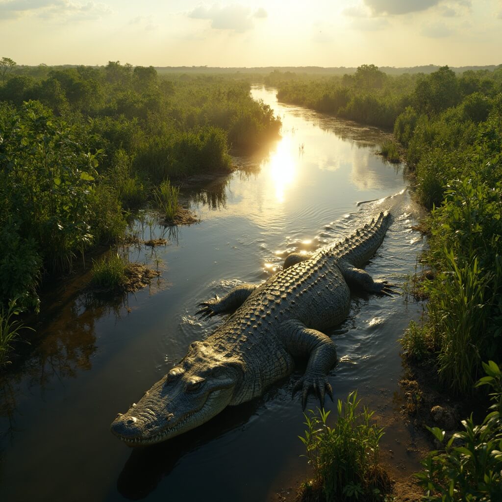 š“ Insider's Miami Beach: Your Ultimate Adventure Guide Aerial view of an airboat in the Everglades, alligator sunbathing on bank, in the golden morning sunlight with reflected tropical vegetation