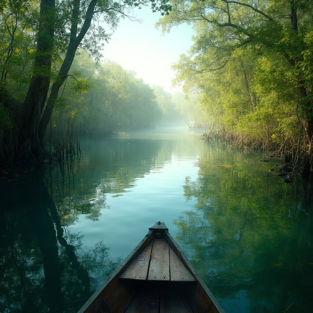 Why Miami in November is Your Ultimate Travel Paradise (Without the Summer Sweat) Untouched Everglades landscape with sunlight filtering through mangroves, clear water reflecting vegetation, and distant kayak, wide-angle view