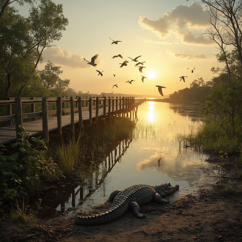 Miami's Sizzling Summer: Your Ultimate June Travel Guide Early morning sunrise over Everglades National Park with an alligator basking on the bank, a wooden boardwalk in midst of lush vegetation and flock of white ibises flying in the distance.