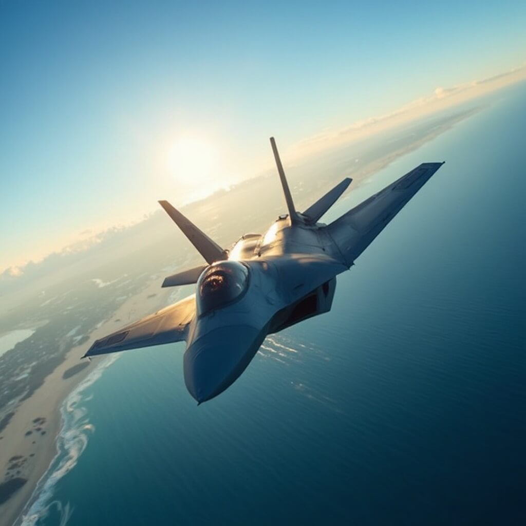 Why Cocoa Beach in July Will Blow Your Mind (Without Blowing Your Budget) F-22 Raptor fighter jet performing high-speed maneuver in sunny Florida sky with coastline and beach in background