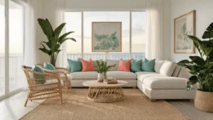 Florida Home Decor: Bringing Sunshine and Style into Your Living Space A sun-drenched Florida living room with a neutral sectional, rattan chairs, and coastal decor, illuminated by golden hour light streaming through large windows.