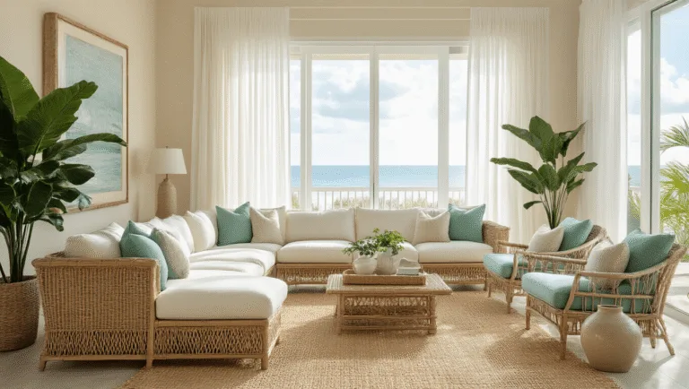 Florida Decor: Transform Your Home into a Sunny, Tropical Paradise Spacious Florida coastal living room featuring vintage rattan sectional, seafoam green accent chairs, and large floor-to-ceiling windows with sheer white curtains, bathed in soft golden hour sunlight, surrounded by lush plants and coastal decor.
