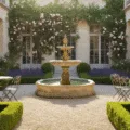 Photorealistic image of a sunlit French courtyard garden with symmetrical boxwood parterres, a central antique limestone fountain, climbing roses over aged stone walls, and a vintage wrought iron bistro set, captured during golden hour with intricate shadow patterns and a muted color palette.