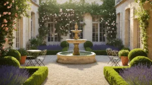 French Courtyard Gardens: Creating Your Own Slice of Parisian Charm Photorealistic image of a sunlit French courtyard garden with symmetrical boxwood parterres, a central antique limestone fountain, climbing roses over aged stone walls, and a vintage wrought iron bistro set, captured during golden hour with intricate shadow patterns and a muted color palette.