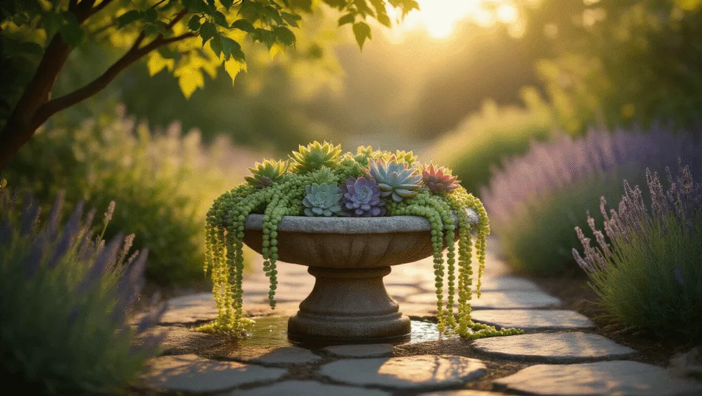 Bird Baths with Flowers: A Garden Lover's Ultimate Guide to Stunning Outdoor Decor Photorealistic image of a weathered stone birdbath overflowing with succulents at golden hour, surrounded by a natural stone path and lavender plantings, with dappled sunlight creating warm shadows and a dreamy bokeh effect.