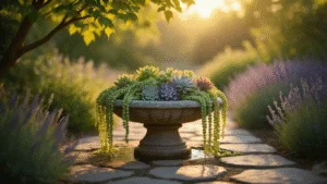 Bird Baths with Flowers: A Garden Lover's Ultimate Guide to Stunning Outdoor Decor Photorealistic image of a weathered stone birdbath overflowing with succulents at golden hour, surrounded by a natural stone path and lavender plantings, with dappled sunlight creating warm shadows and a dreamy bokeh effect.