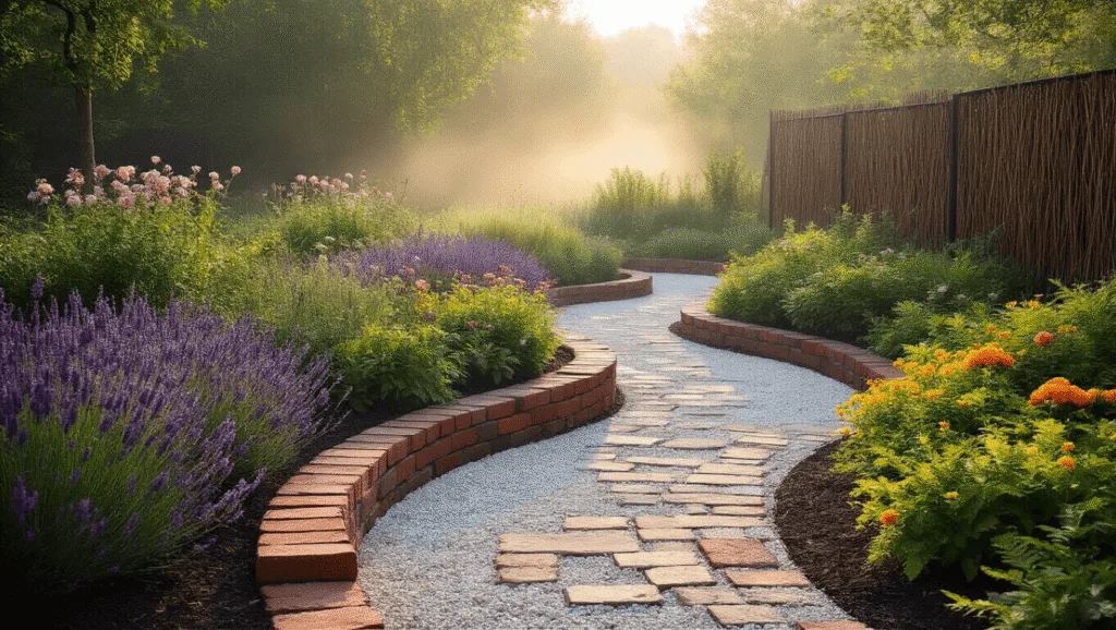 Simple Garden Borders: Transform Your Yard with Easy, Affordable Edging A professional landscape photograph capturing various garden border styles at golden hour, featuring weathered red bricks, natural log borders with ferns, modern black metal edging, and woven willow panels, all highlighted by morning dew and dramatic shadows.