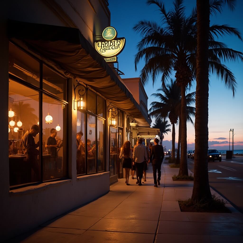 Cocoa Beach in April: Your Ultimate Guide to Florida's Hidden Spring Paradise Atmospheric evening view of Heidi's Jazz Club with silhouetted musicians, palm trees, and faint sunset glow, surrounded by well-dressed patrons.