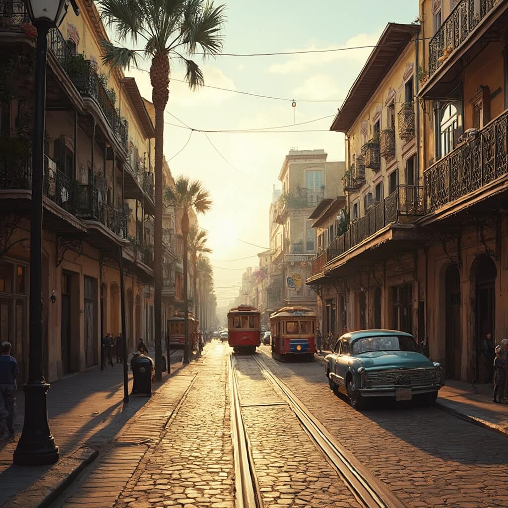 Why Tampa in January is Your Unexpected Winter Paradise Winter street scene in historic Ybor City with Spanish Colonial Revival architecture, classic streetcars, palm trees, and golden afternoon light
