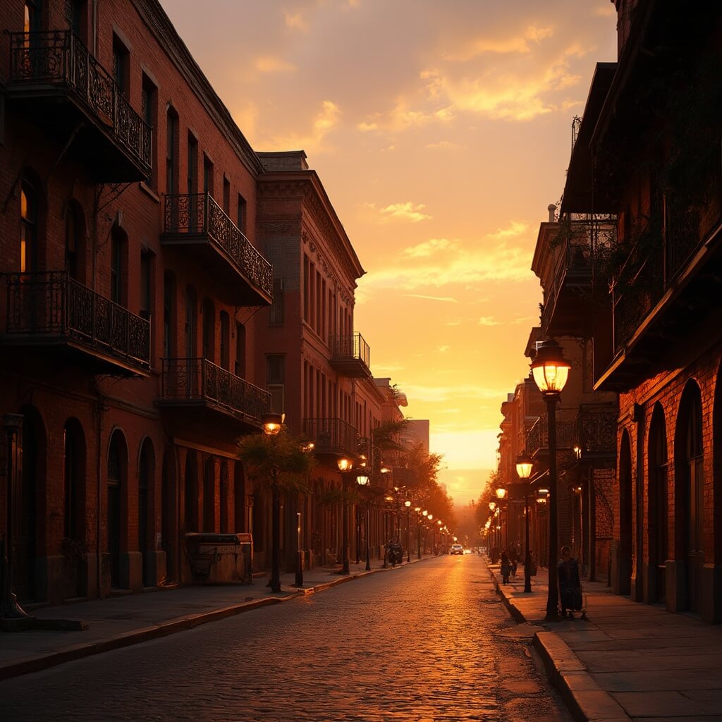 Tampa in May: Your Ultimate Insider's Guide to Sun, Fun, and Unforgettable Adventures Vintage red brick buildings with wrought iron balconies in Ybor City historic district during sunset, warm golden light casting shadows on cobblestone streets, with streetlamps casting a warm glow, exhibiting Cuban-inspired architecture, no people present