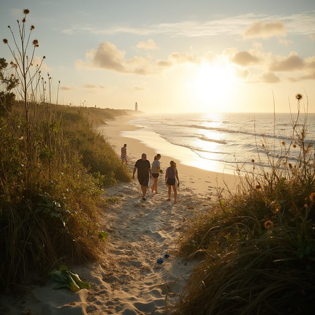 Jacksonville in May: Your Ultimate Warm-Weather Escape Guide Volunteers cleaning a serene beach at sunrise in Jacksonville, framed by coastal vegetation and a distant lighthouse