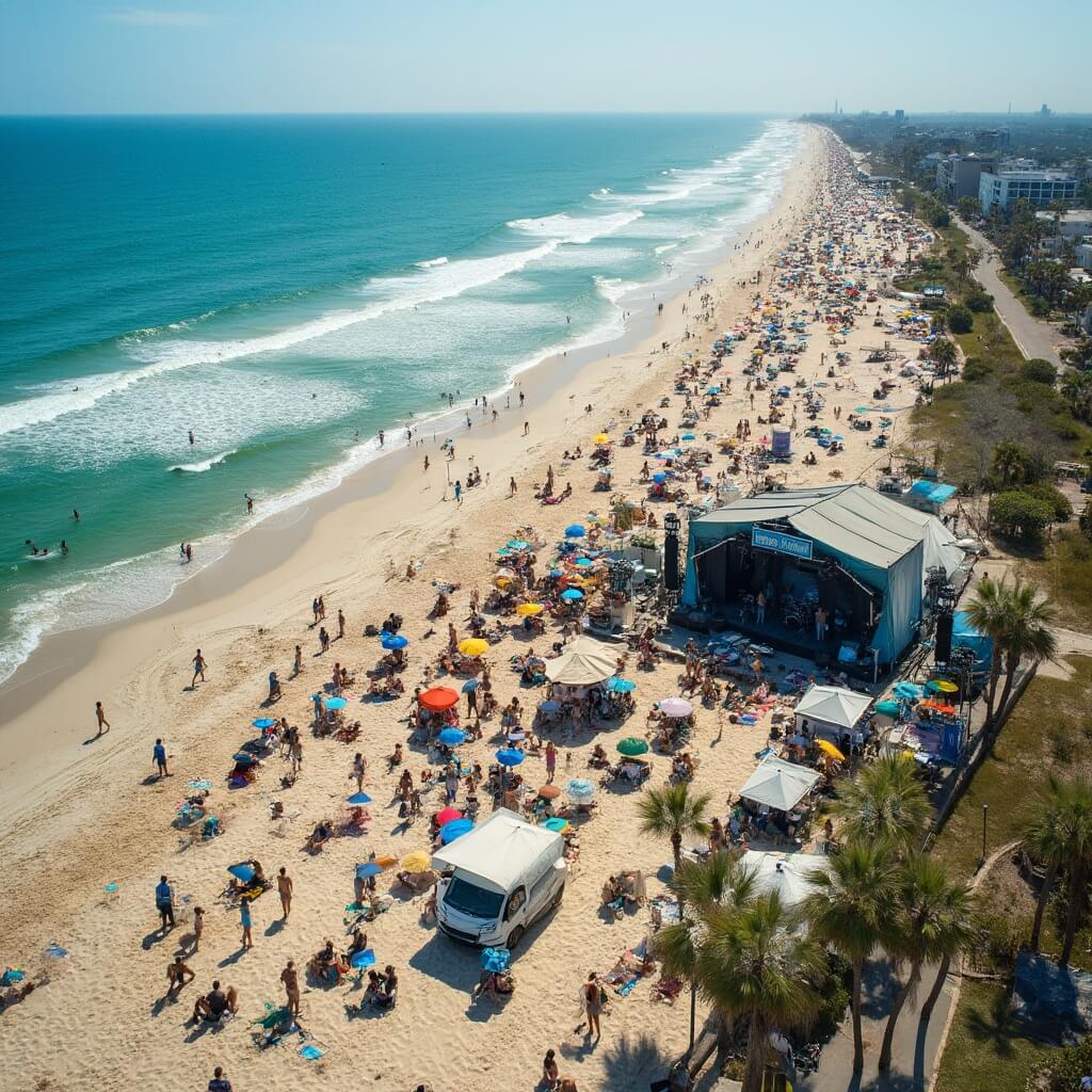 Jacksonville in September: Your Ultimate Insider's Guide to Florida's Hidden Coastal Gem Aerial view of Jacksonville Beach during Florida Fin Fest, featuring a large stage with musicians, eco-friendly booths, beachgoers, colorful umbrellas, surfers, and palm trees along the vibrant blue ocean.