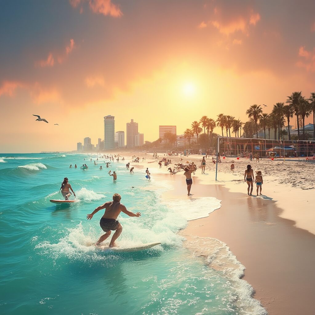 Jacksonville in June: Your Ultimate Summer Playground Revealed Surfers riding waves and people playing volleyball on Jacksonville Beach at sunset, with palm trees, seagulls, and the city skyline in the background