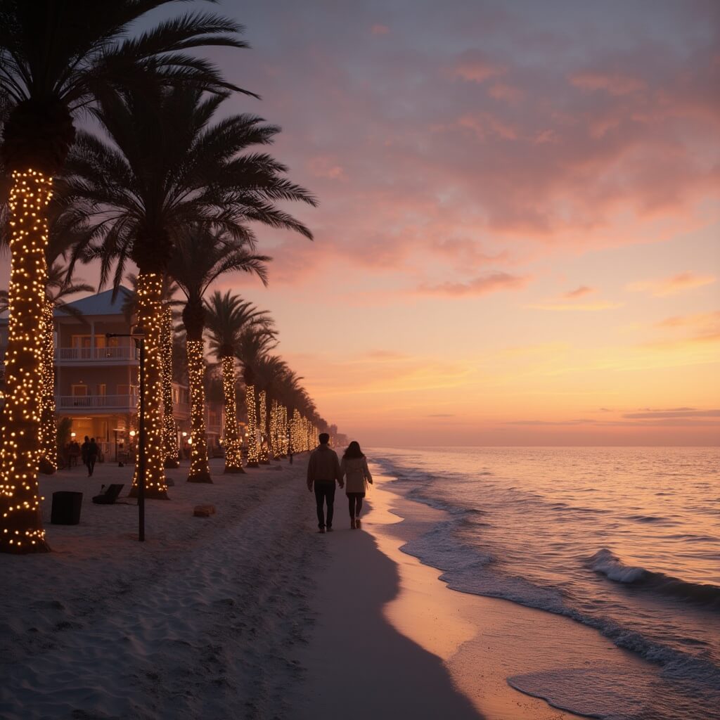 Couple strolling on Jacksonville beach at sunset in December, decorated palm trees and warm hues of orange and pink reflecting off the ocean