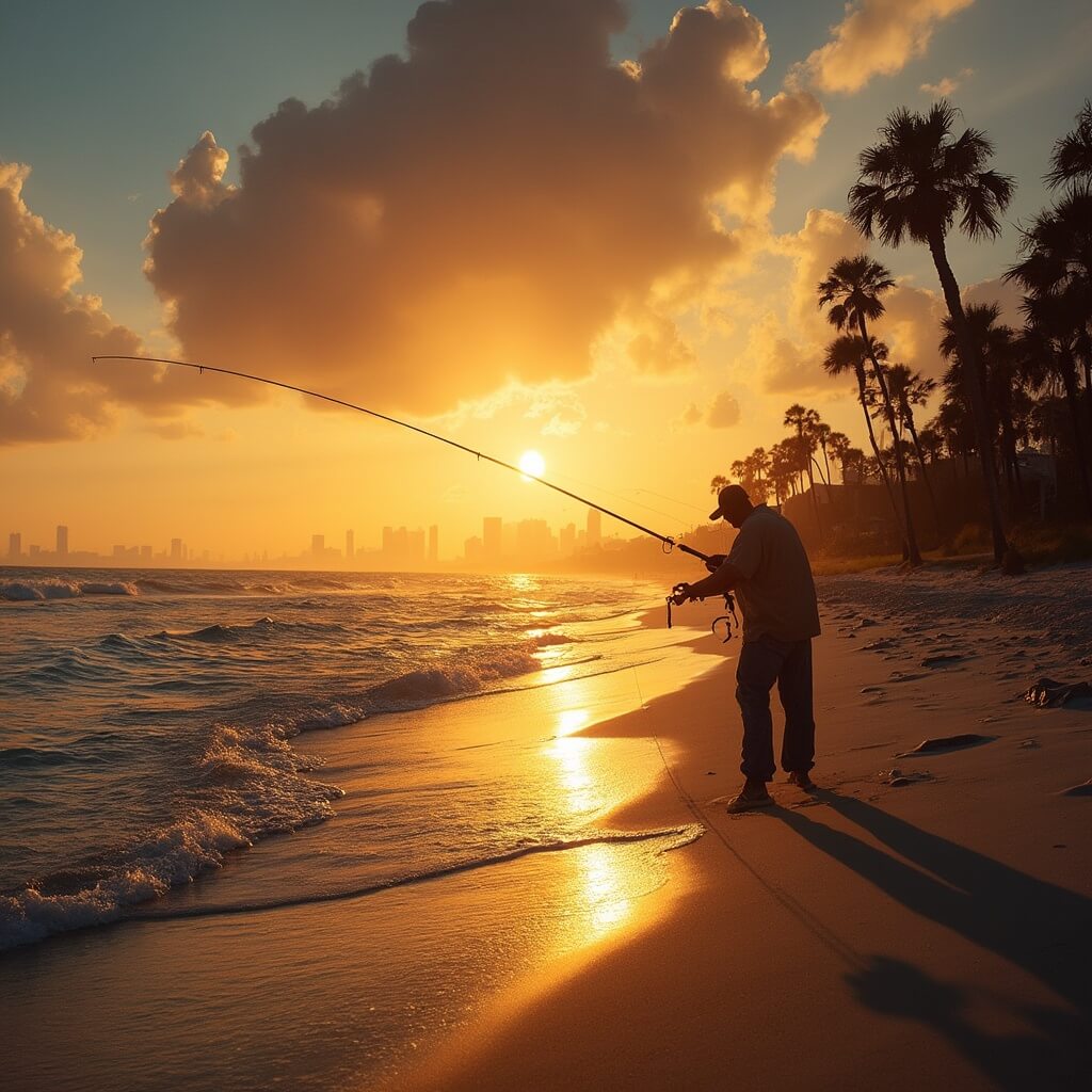 The Ultimate Jacksonville August Adventure Guide: Insider Secrets Revealed! Fisherman casting line at Jacksonville Beach during sunset with skyline in the distance