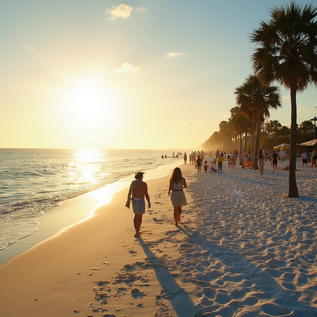Golden sunlight illuminating Jacksonville beach in February with people walking, palm trees swaying, and kayakers in the distance