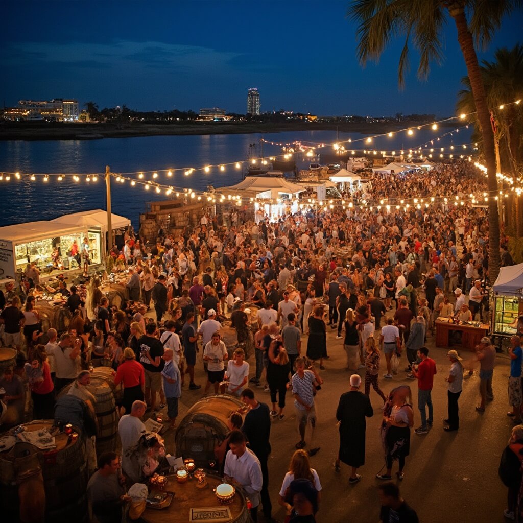 Jacksonville in June: Your Ultimate Summer Playground Revealed Crowd at Jacksonville Brewing Alliance Beer Fest during night with string lights, beer barrels, food trucks, a local band, and shimmering St. Johns River in the background.