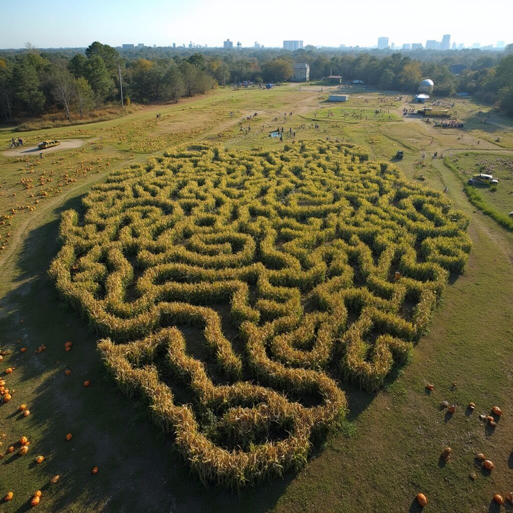 Unlock Jacksonville's October Magic: Your Ultimate Fall Escape Guide Aerial view of intricate corn maze at Conner's A-Maize-ing Acres in Jacksonville, dotted with families and surrounded by pumpkin patches, with Jacksonville skyline in the distance