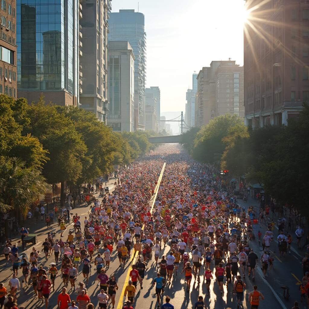 Jacksonville in March: Your Ultimate Guide to Sun, Sports, and Spectacular Adventures Thousands of diverse runners participating in the Gate River Run in downtown Jacksonville, with city landmarks and architecture in the morning sunlight as the backdrop.